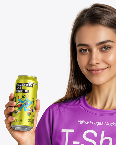 Woman Wearing a T-shirt Holding 16oz Drink Can Mockup