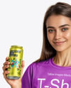 Woman Wearing a T-shirt Holding 16oz Drink Can Mockup