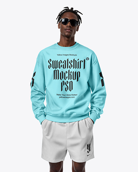 Black Man with Dreadlocks Wearing Sweatshirt and Shorts Mockup - Blank sweatshirt mockup
