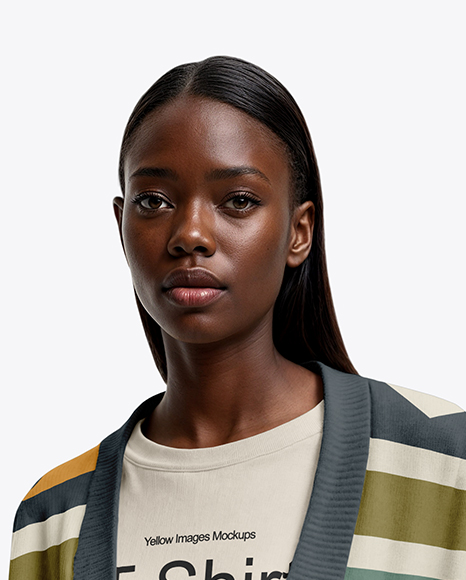 Young Black Woman Wearing Cardigan and T-shirt Mockup