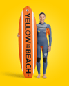 Female Surfer Wearing Wetsuit with Shortboard Mockup
