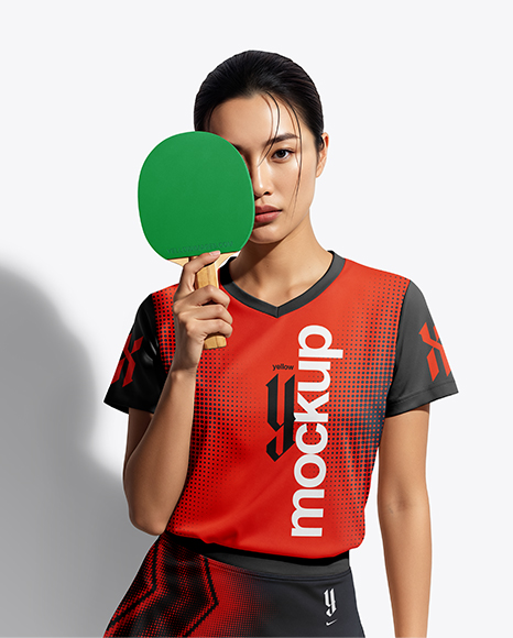 Asian Woman Wearing Table Tennis Jersey Mockup - Jersey mockups