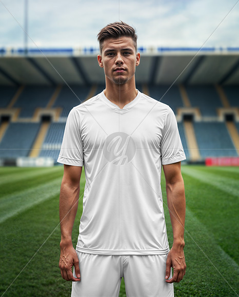 Soccer Player Wearing a Jersey and Shorts at the Stadium Mockup