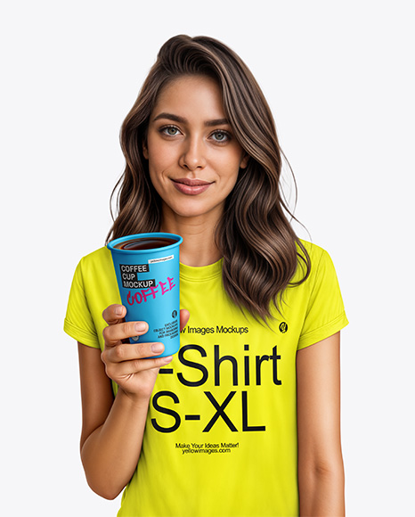 Woman Wearing a T-shirt Holding 16oz Paper Cup Mockup - Cylindrical box mockup