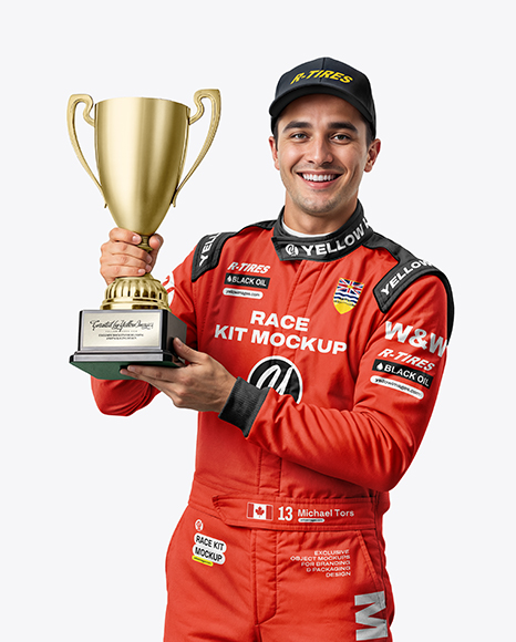 Man Wearing Racing Kit With Cup Mockup - Kit mockup psd