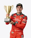 Man Wearing Racing Kit With Cup Mockup