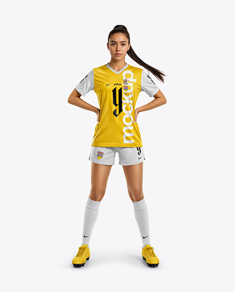Woman Wearing Soccer Jersey and Shorts Mockup