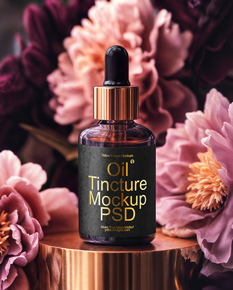 Amber Dropper Bottle with Oil Tincture Surrounded by Flowers Mockup