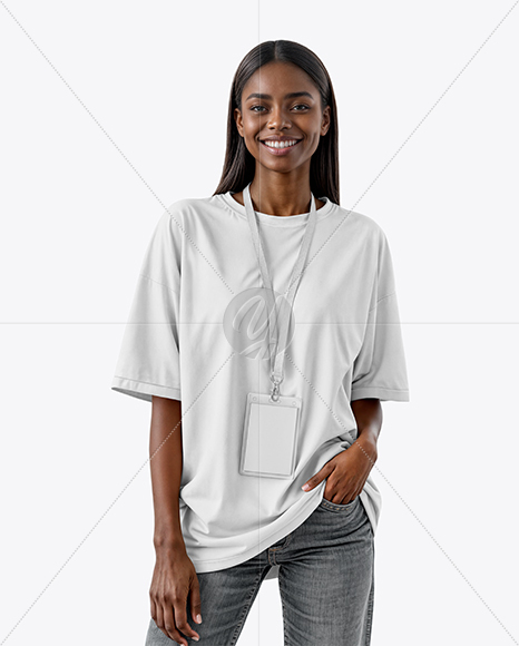 Young Black Woman Wearing T-shirt with Badge Holder Mockup
