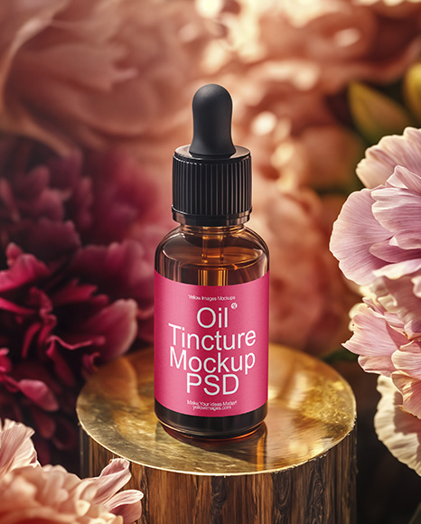 Amber Dropper Bottle with Oil Tincture Surrounded by Flowers Mockup - Packaging mockups