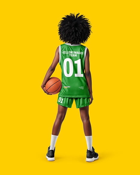 Black Woman with Afro Hairstyle Wearing Full Basketball Kit Mockup