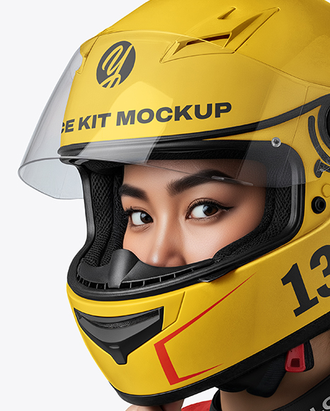 Woman Wearing Leather Jacket and Racing Helmet Mockup