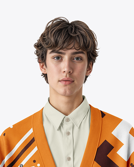 Young Man Wearing Cardigan and Shirt Mockup