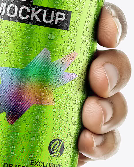 500ml Aluminium Can with Drops in the Hand Mockup