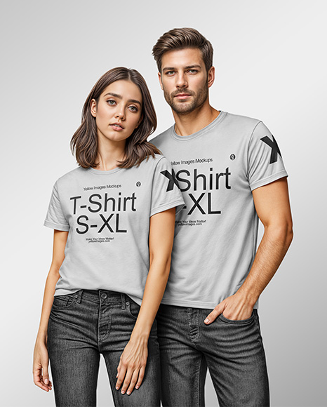 Young Couple Wearing T-shirt and Jeans Mockup