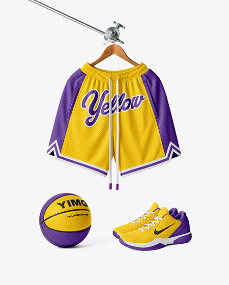 Basketball Shorts with Ball and Sneakers Mockup
