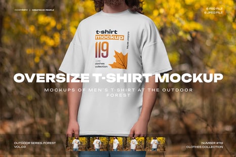 6 Mockups of Men's Oversize T-Shirt at the Outdoor. Forest. vol.03 - Apparel Mockups