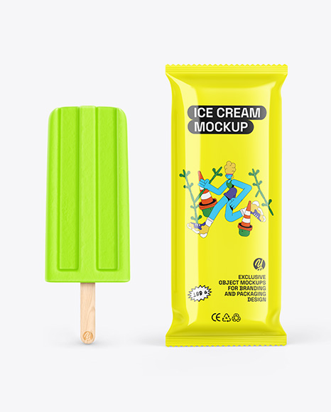 Glossy Flow Pack W Ice Cream Mockup - Ice+Cream+In+Glaze+W+Wooden+Stick+Mockup+In+Packaging+Mockups+On