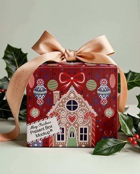 X-mas Gift Box with Bow and Holy Leaf Mockup - Christmas mockup
