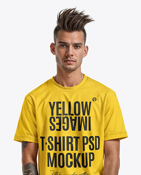 Young Man with Tattoo Wearing T-shirt and Ripped Jeans Mockup