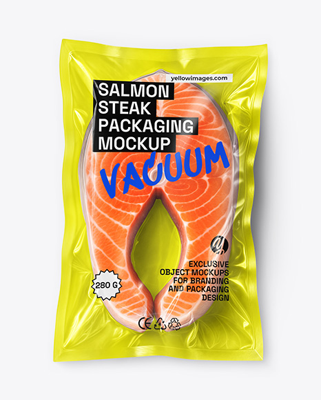 Clear Plastic Flow-Pack with Salmon Fish Steak Mockup