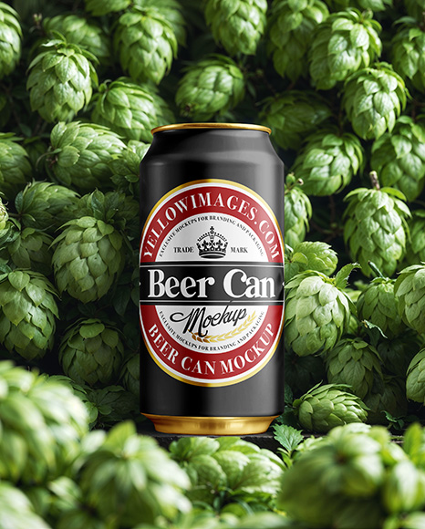 Beer Can on Fresh Hops Background Mockup