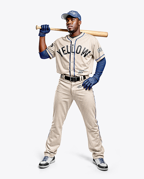 Black Man Wearing a Full Baseball Kit with Bat Mockup - Mens+Baseball+Jersey+Mockup+HalfsideView+Download+...