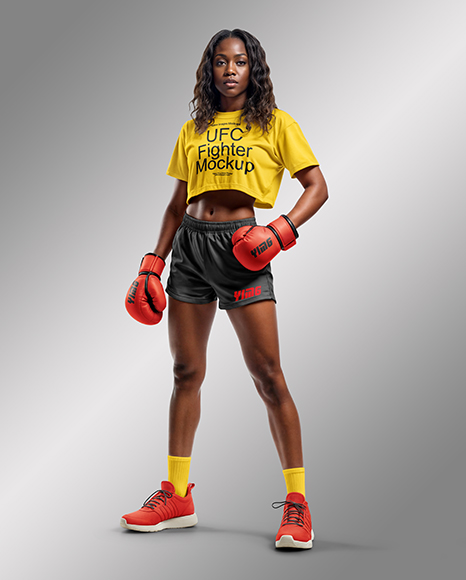Black Female UFC Fighter Wearing T-Shirt & Shorts Mockup