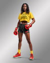 Black Female UFC Fighter Wearing T-Shirt & Shorts Mockup