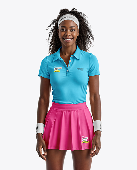 Black Woman Wearing Tennis Polo Shirt and Skirt Mockup - Women+S+Polo+Mockup+Front+View+In+Apparel+Mockups+On+Yellow+Images+Object+Mockups
