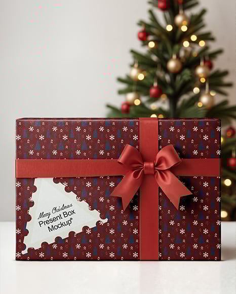 Gift Box with Christmas Tree on Background Mockup