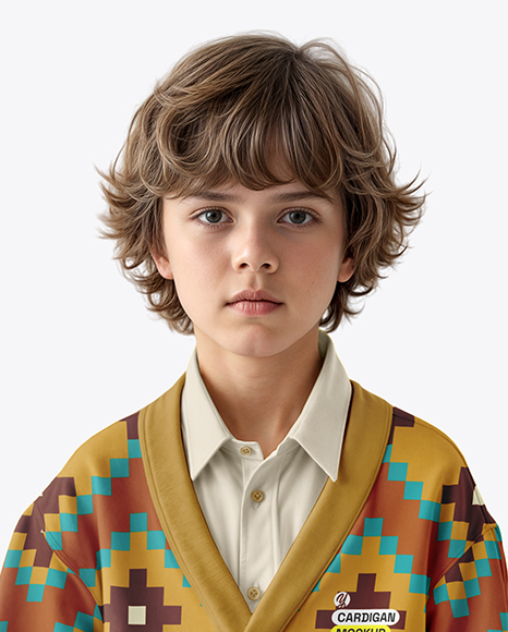 Young Boy Wearing Cardigan and Shirt Mockup