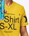 Man Wearing a T-shirt Holding 16oz Drink Can Mockup