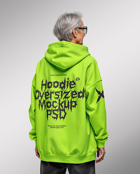 Old Gray-Haired Woman Wearing Oversized Hoodie & Sweatpants Mockup