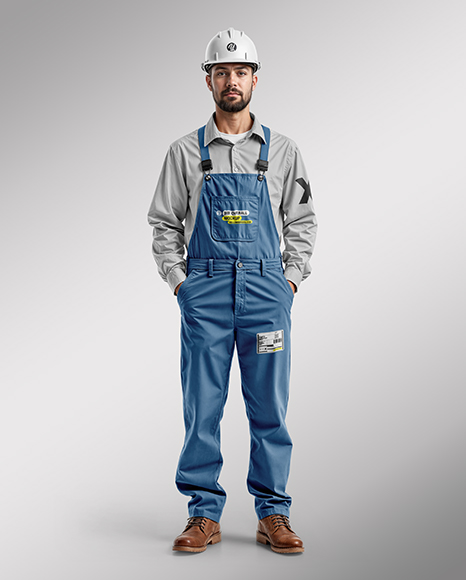 Builder Wearing Bib Overalls and Shirt Mockup
