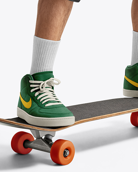 Skater in Protective Gear with Skateboard Mockup