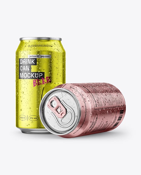 330ml Metallic Drink Cans with Condensation Drops Mockup