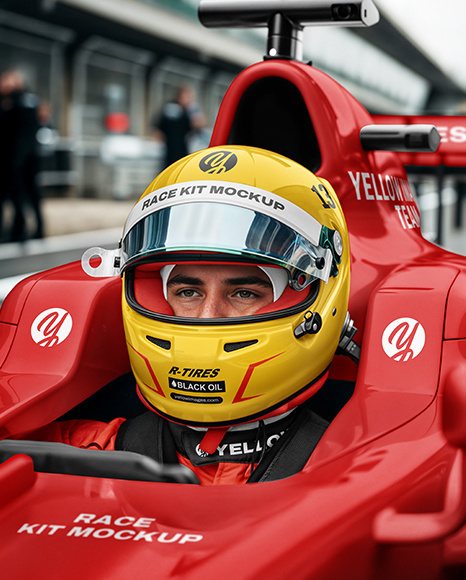 Man Wearing Racing Kit in Formula 1 Car Mockup - Kit mockup psd