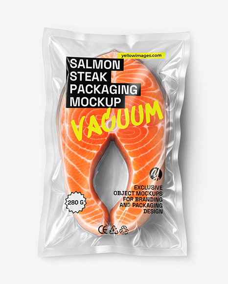 Clear Plastic Flow-Pack with Salmon Fish Steak Mockup