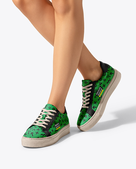 Pair of Sneakers on Women's Legs Mockup - Sports shoes mockup