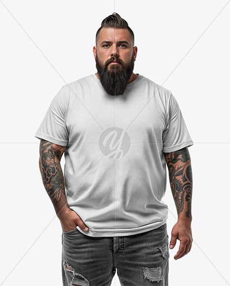 Fat Bearded Man Wearing T-shirt and Ripped Jeans Mockup