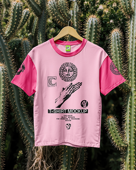T-Shirt with Hanger on Cactus Background Mockup