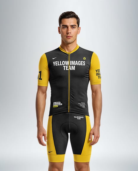 Man Wearing Cycling Jersey and Bib Shorts Mockup