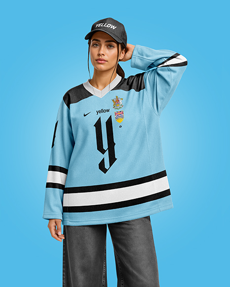 Woman Wearing Ice Hockey Jersey and Cap Mockup