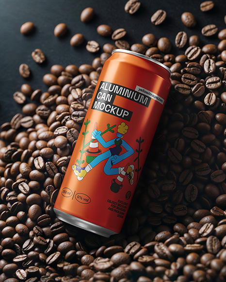 Drink Can on a Stack of Coffee Beans Mockup