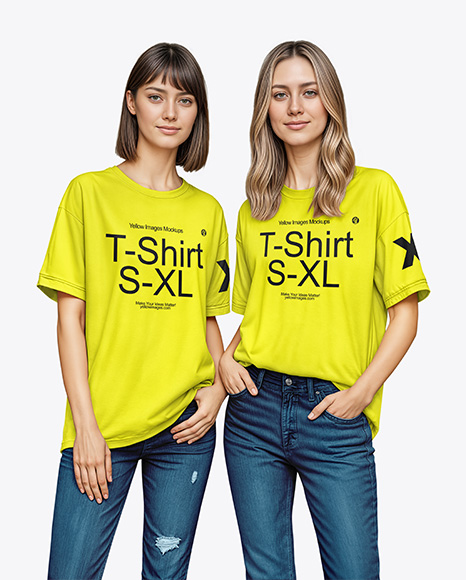Two Young Women Wearing T-shirts and Jeans Mockup - T shirt sweatshirt hoodie mockup set