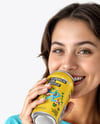 Woman Wearing a T-shirt Holding Drink Can Mockup
