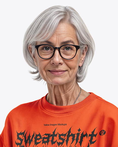 Elderly Woman in Glasses Wearing Sweatshirt & Sweatpants Mockup
