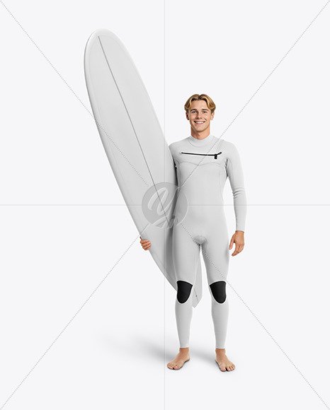 Surfer Wearing Wetsuit with Longboard Mockup