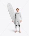 Surfer Wearing Wetsuit with Longboard Mockup
